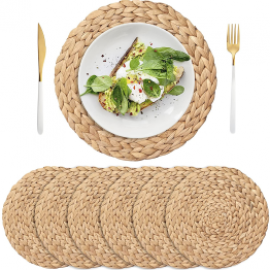 Round Braided Placemats Set of 4 Natural Rattan Handmade Heat Resistant Thick Hot Pads Mats,Rattan Trivets  