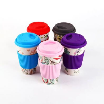 Reusable bamboo coffee mug with lid and silicone case 400ml Eco-friendly bamboo mug