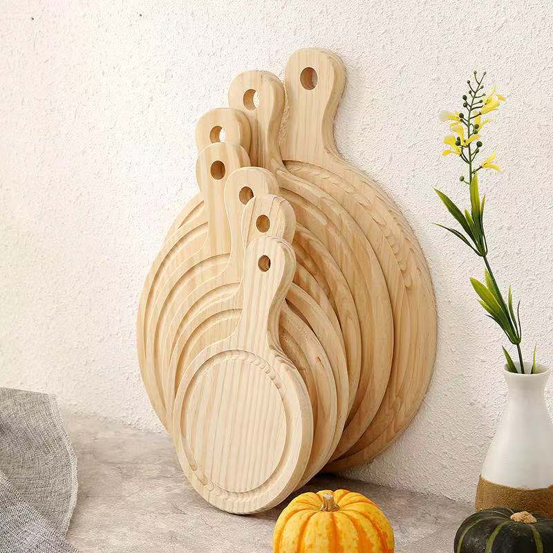 JM Bamboo Pine Round Pizza Tray Wooden Baking Handle Pizza Plate Zero-Waste