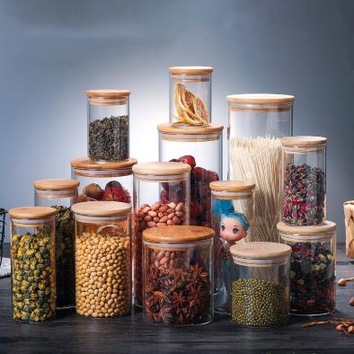 Glass Storage Jars with Bamboo Lids Clear High Borosilicate Glass Airtight Kitchen Food Cereal Containers