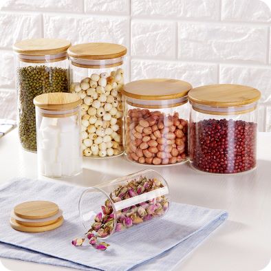 Natural Glass Jars Set Airtight Food Containers with Bamboo Lids for Flour Sugar Tea Coffee Beans Spice