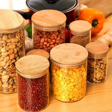 Natural Glass Jars Set Airtight Food Containers with Bamboo Lids for Flour Sugar Tea Coffee Beans Spice